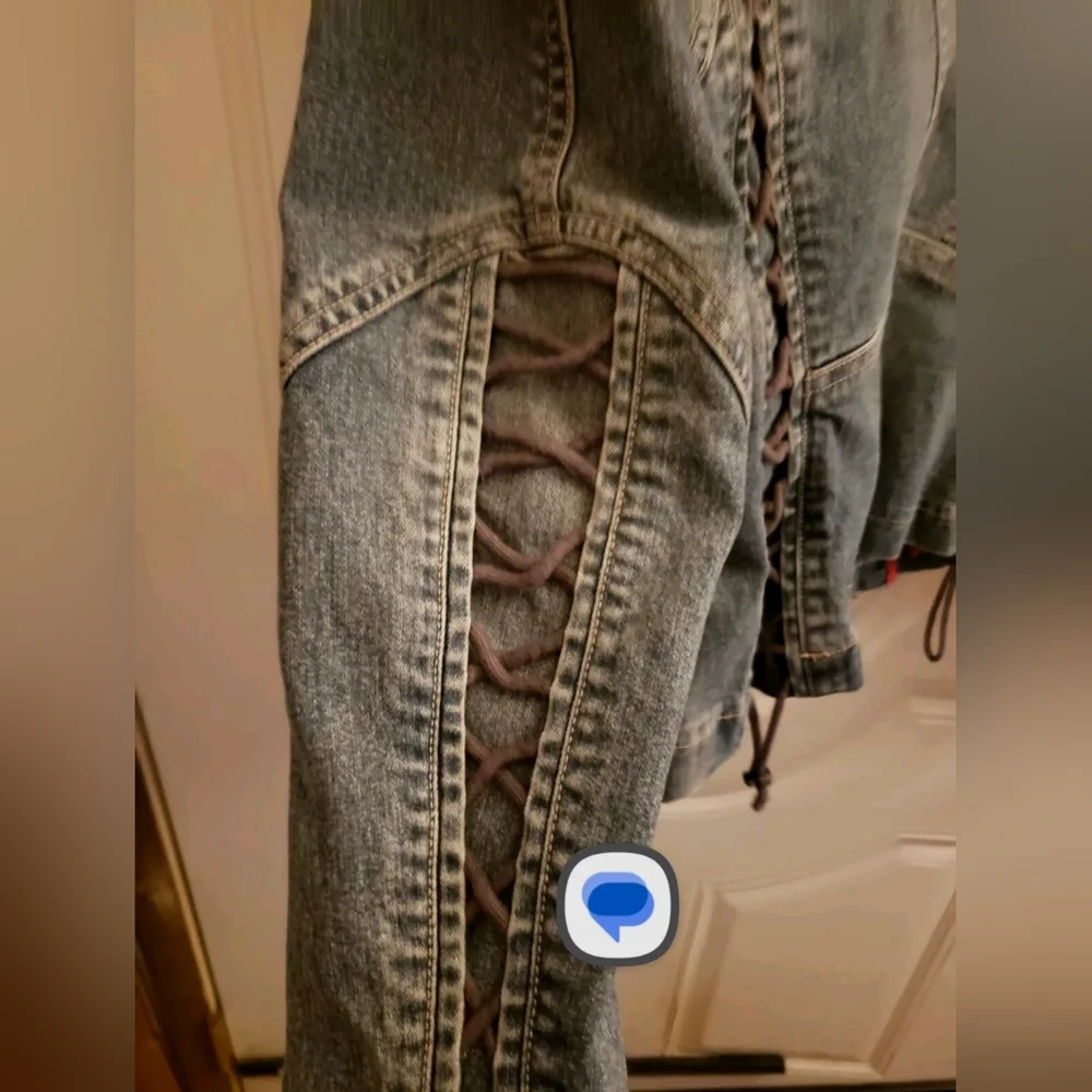 Elie Tahari Corset Lace Up Red Piped Denim Jacket Size Large - Picture 8 of 13